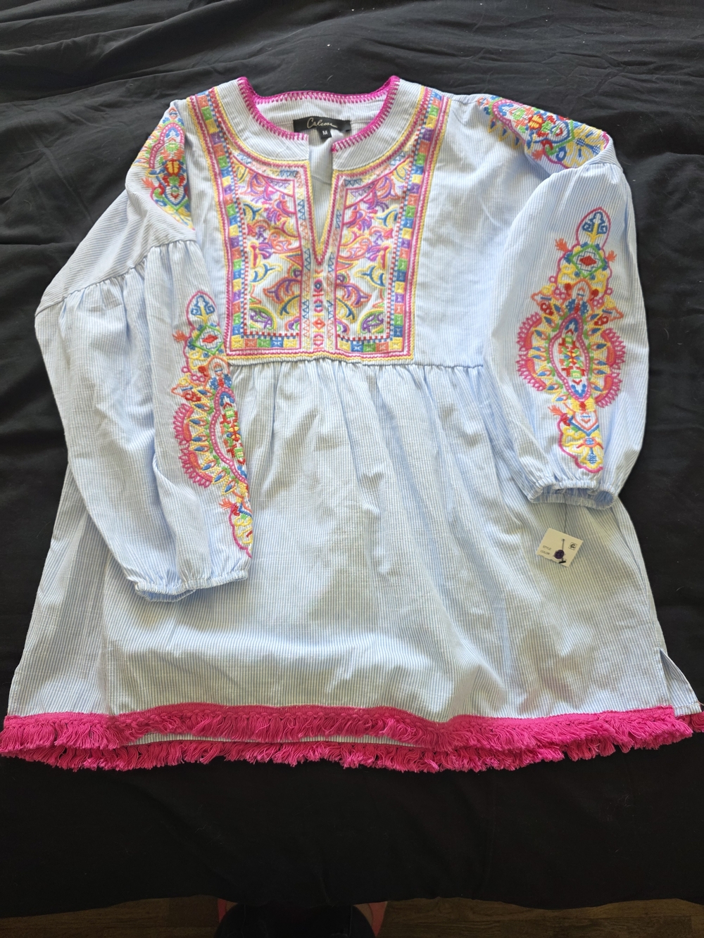 BNWT Calessa Light Blue Striped Tunic - Stunning Embroidery and Pink Fringe